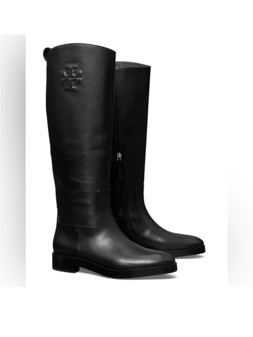 Tory Burch Women's The Riding Boot Logo Embossed‎ Black Size 7.5 Wide